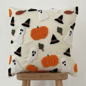 Handmade Pillow Cover - Decorative Pillow Cover with Halloween Themed Embroidery - Hat - Ghost - Dry Leaves,Pumpkin