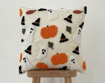 Handmade Pillow Cover - Decorative Pillow Cover with Halloween Themed Embroidery - Hat - Ghost - Dry Leaves,Pumpkin