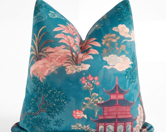 Chinoiserie Pagoda Pillow – Asian Botanical Crane Decor