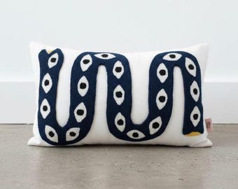 Handmade Snake Pillow Cover - Punch Embroidered Boho Cushion - Colorful Decorative Throw Pillow