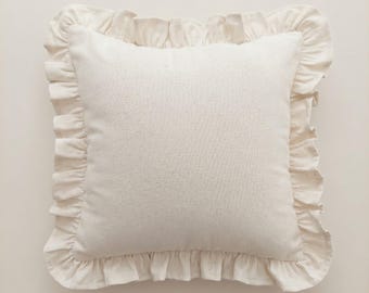 Bohemian Striped Linen Pillow with Ruffles - Striped Farmhouse Cushion - Cottagecore Decor