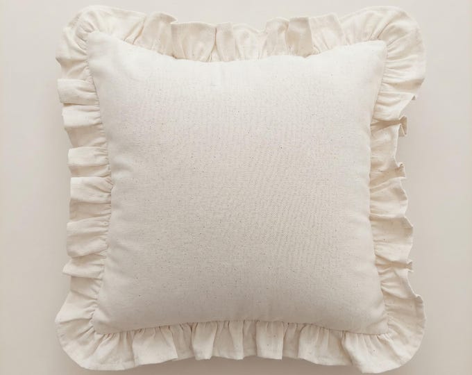 Bohemian Striped Linen Pillow with Ruffles - Striped Farmhouse Cushion - Cottagecore Decor