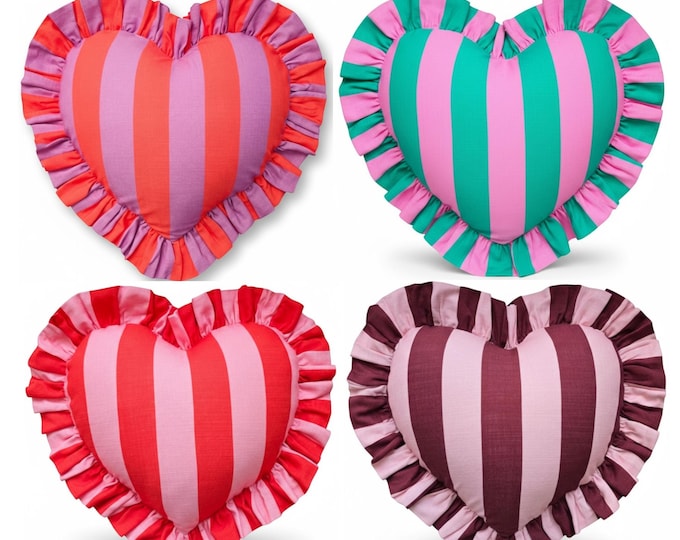 Colorful Ruffle Heart Pillow – Handmade Linen Striped Cushion
