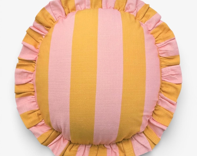 Handmade Round Ruffled Linen Pillow – Circle Cushion - Striped Boho Accent Cushion