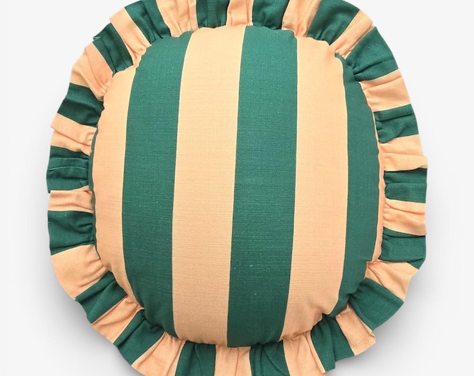 Handmade Round Ruffled Linen Pillow – Circle Cushion - Striped Boho Accent Cushion