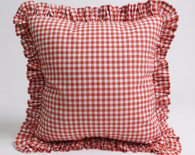 Bohemian Frill Linen Gingham Pillow Cover - Gingham Pillow - Ruffle Pillow Cover - Color Options With Frill Edges - Hello Mello Store