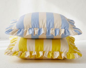 Linen Ruffle Pillow - Striped Cottagecore Decor - Coastal Style Cushion - Farmhouse Decor