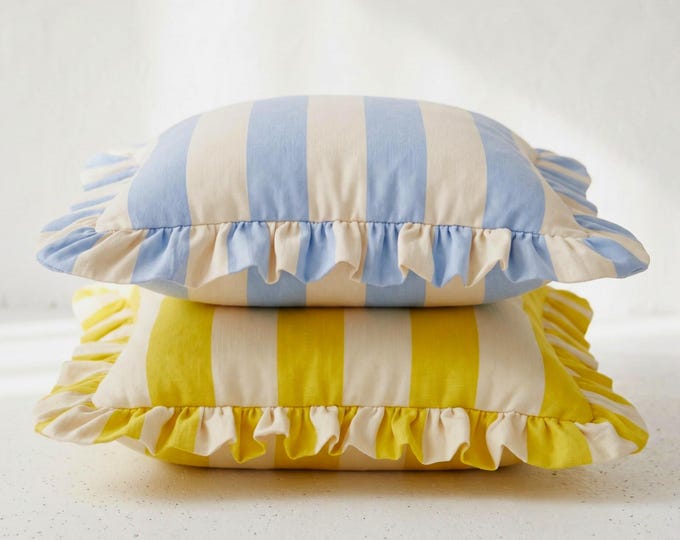 Linen Ruffle Pillow - Striped Cottagecore Decor - Coastal Style Cushion - Farmhouse Decor