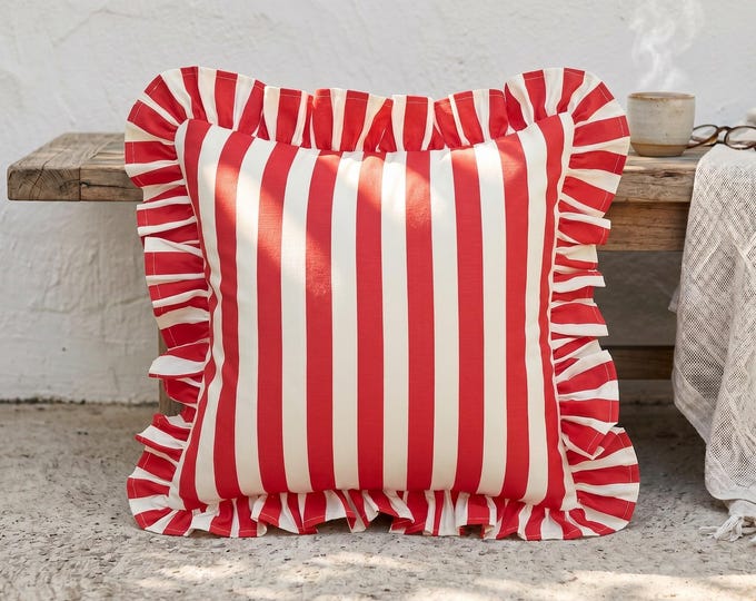 Outdoor Pillow – Water Repellent Cottagecore Decor - Pastel Stripe Ruffle Cushion - Poolside Seating Pillow