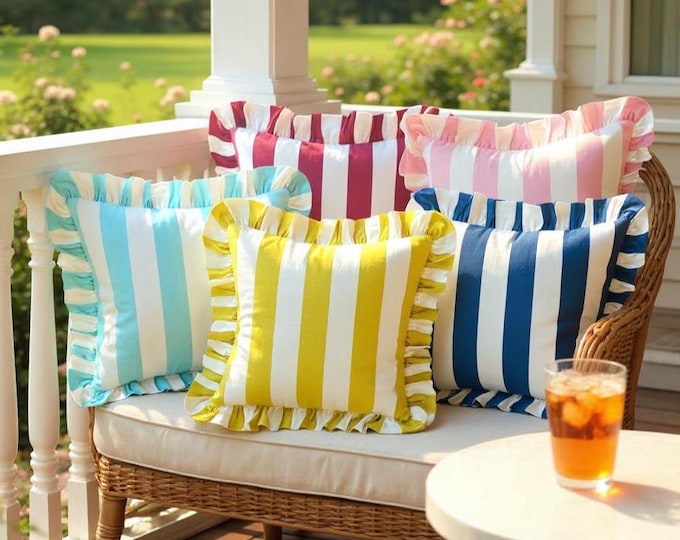 Bohemian Striped Linen Pillow with Ruffles - Frilled Cushion - Modern and Farmhouse Chic Decor - Multicolor
