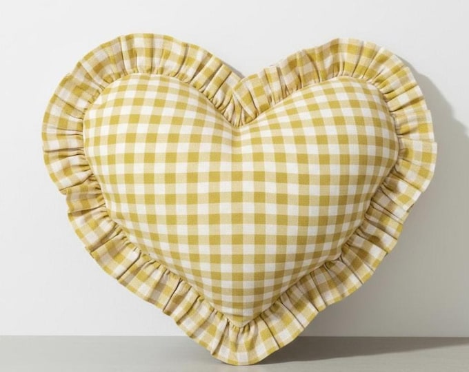 Ruffled Linen Gingham Heart Pillow Cover - Heart Cushion - Bohemian Home Decor