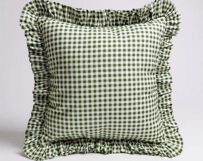 Bohemian Frill Linen Gingham Pillow Cover - Gingham Pillow - Ruffle Pillow Cover - Color Options With Frill Edges - Hello Mello Store