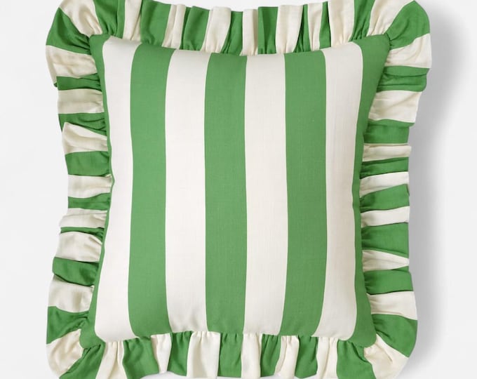 Bohemian Striped Linen Pillow with Ruffles - Ruffled Cushion - Modern and Farmhouse Chic Decor