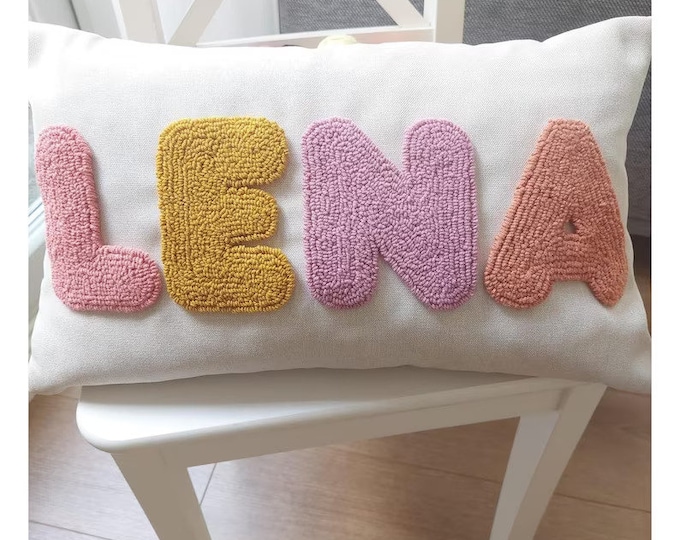Personalised Punch Needle Decorative Cushion - Kids Room Decor Name Pillow - Unique Baby Room Nursery Initial Decoration Gift - Throw Pillow