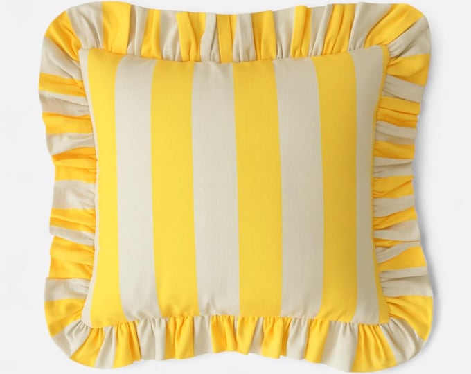 Bohemian Striped Linen Pillow with Ruffles - Ruffled Cushion - Modern and Farmhouse Chic Decor