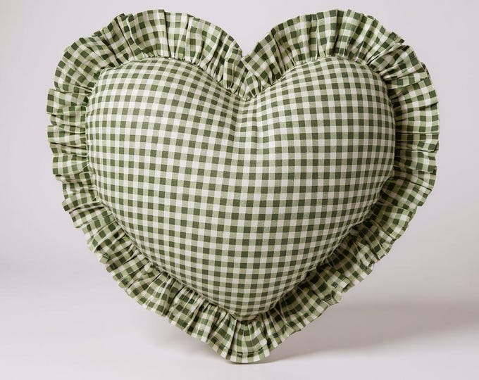 Frill Linen Gingham Heart Pillow Cover - Gingham Heart Pillow - Heart Pillow - Color Options With Frill Edges - Gingham Pillow