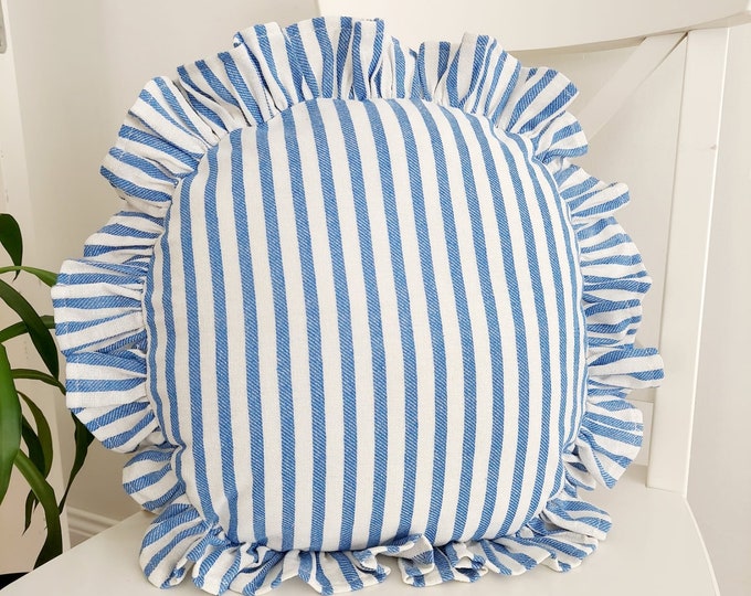 Bohemian Frill Linen Striped Pillow Cover - Circle Pillow - Different Color Options With Frill Edges - Hello Mello Store