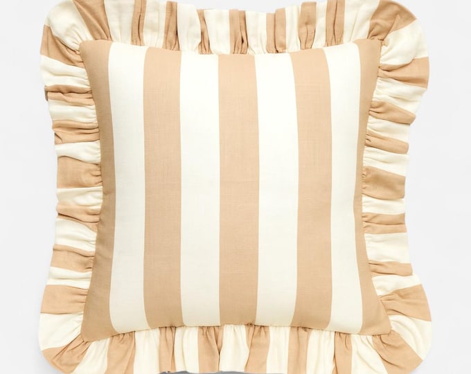 Bohemian Striped Linen Pillow with Ruffles - Ruffled Cushion - Modern and Farmhouse Chic Decor