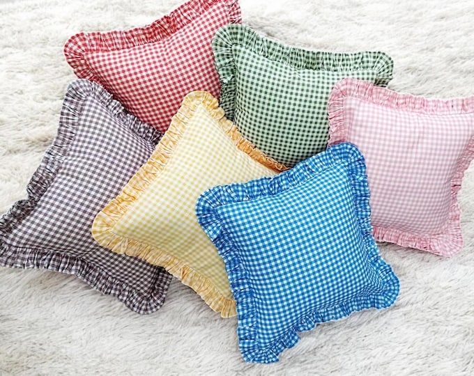 Bohemian Frill Linen Gingham Pillow Cover - Gingham Pillow - Pillow - Color Options With Frill Edges - Hello Mello Store