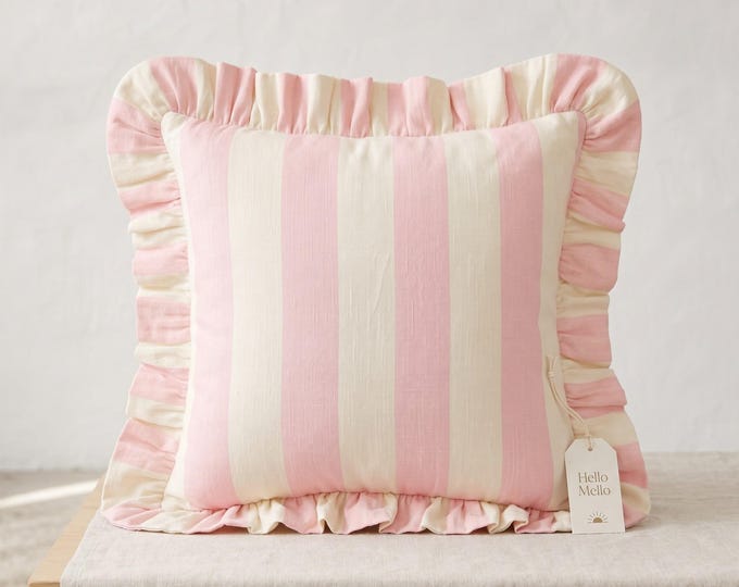 Ruffled Linen Pillow - Striped Cottagecore Decor - Coastal Style Cushion - Farmhouse Decor