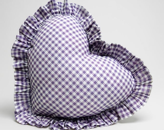 Frill Linen Gingham Heart Pillow Cover - Gingham Heart Pillow - Heart Pillow - Color Options With Frill Edges - Gingham Pillow
