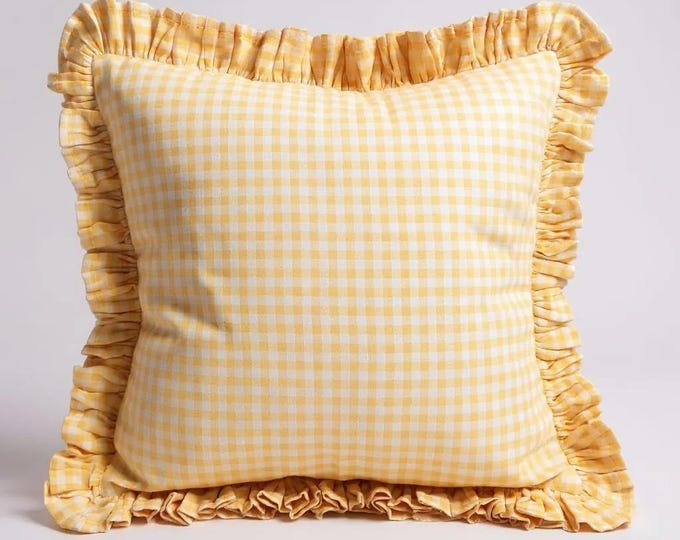 Bohemian Frill Linen Gingham Pillow Cover - Gingham Pillow - Ruffle Pillow Cover - Color Options With Frill Edges - Hello Mello Store
