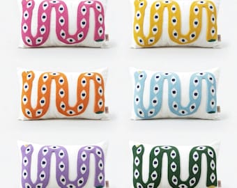 Handmade Snake Pillow Cover - Punch Embroidered Boho Cushion - Colorful Decorative Throw Pillow