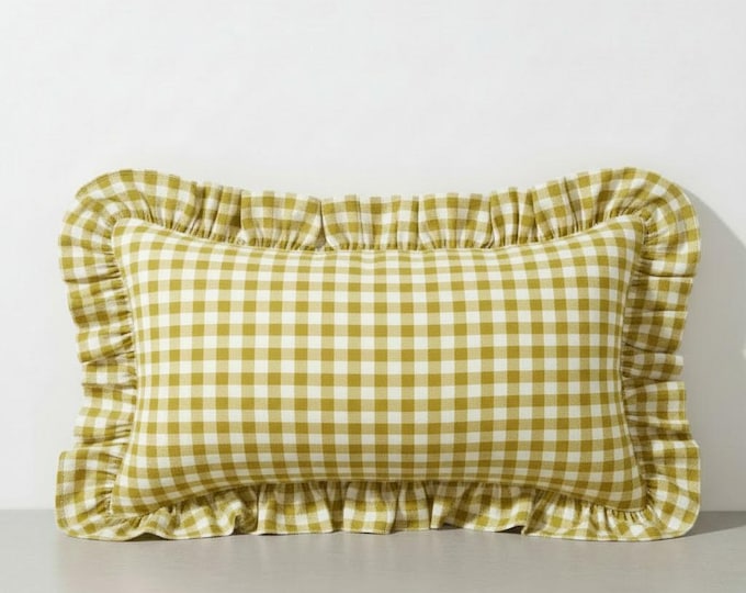 Gingham Pillow Cover - Ruffled Gingham Cushion - Cottagecore Farmhouse Decor - Multiple Color Options