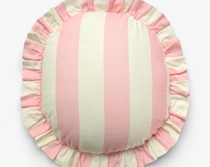 Handmade Round Ruffled Linen Pillow – Circle Cushion - Striped Boho Accent Cushion