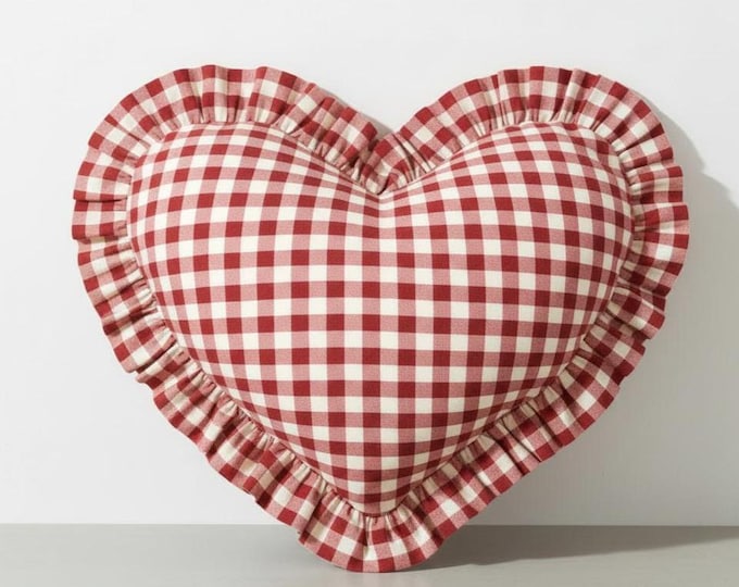 Ruffled Linen Gingham Heart Pillow Cover - Heart Cushion - Bohemian Home Decor