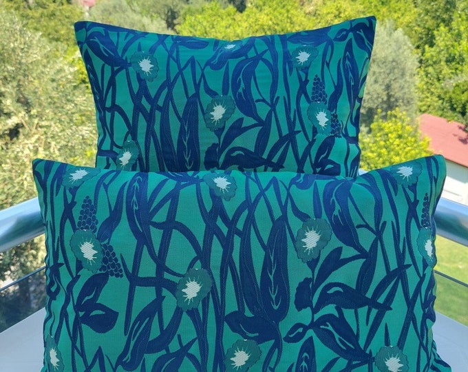 Handmade Pillow Cover - Bright Throw Pillow with Floral Pattern - Navy Blue - Green