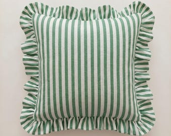 Bohemian Striped Linen Pillow with Ruffles - Striped Farmhouse Cushion - Cottagecore Decor