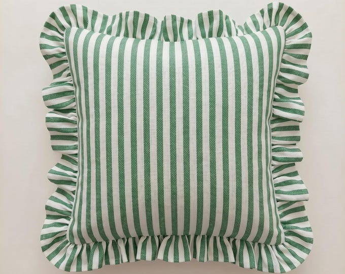 Bohemian Striped Linen Pillow with Ruffles - Striped Farmhouse Cushion - Cottagecore Decor