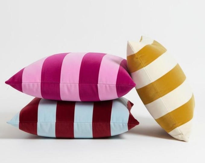 Striped Velvet Pillow Cover – Handmade Two-Tone Cushion - Throw Pillow