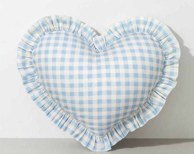 Ruffled Linen Gingham Heart Pillow Cover - Heart Cushion - Bohemian Home Decor