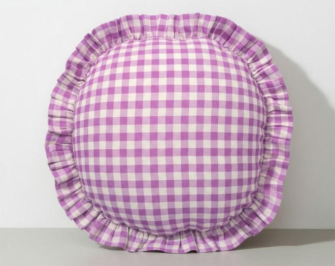 Gingham Round Ruffle Pillow - Plaid Chair Pad - Cottage Style Seat Cushion