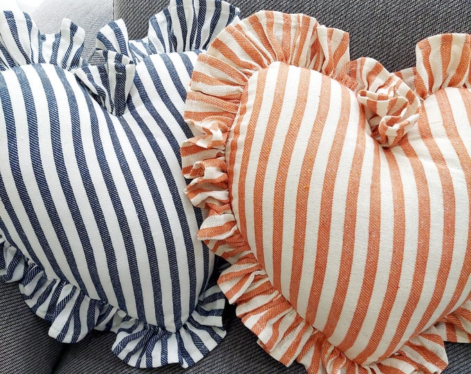Bohemian Frill Linen Striped Pillow Cover - Striped Heart Pillow - Heart Pillow - Color Options With Frill Edges - Hello Mello Store