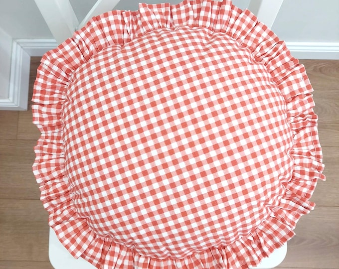 Bohemian Frill Linen Gingham Pillow Cover - Circle Pillow - Different Color Options With Frill Edges - Hello Mello Store