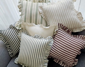 Bohemian Frill Linen Striped Pillow Cover - Ruffle Pillow - Different Color Options With Frill Edges - Hello Mello Store