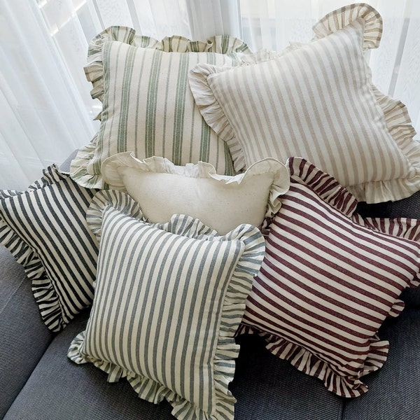 Bohemian Frill Linen Striped Pillow Cover - Different Color Options With Frill Edges - Hello Mello Store