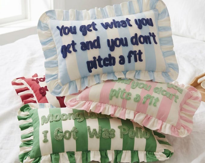 Personalized Embroidered Throw Pillow – Ruffled Striped Cushion - Custom Quote Decor - Handmade Punch Pillow