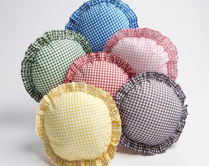 Frill Linen Gingham Pillow Cover - Circle Pillow - Different Color Options With Frill Edges - Hello Mello Store