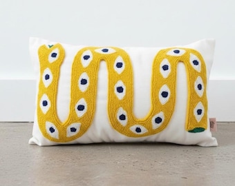 Handmade Snake Pillow Cover - Punch Embroidered Boho Cushion - Colorful Decorative Throw Pillow