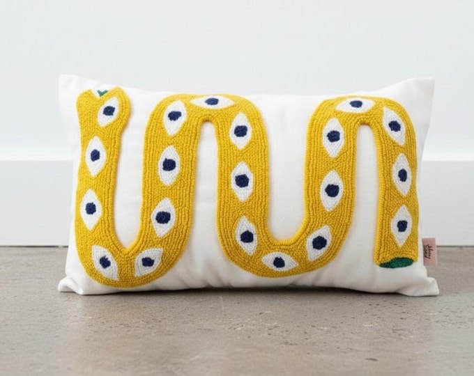 Handmade Snake Pillow Cover - Punch Embroidered Boho Cushion - Colorful Decorative Throw Pillow