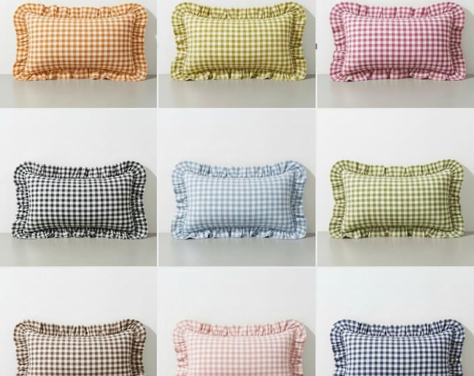 Gingham Pillow Cover - Ruffled Gingham Cushion - Cottagecore Farmhouse Decor - Multiple Color Options