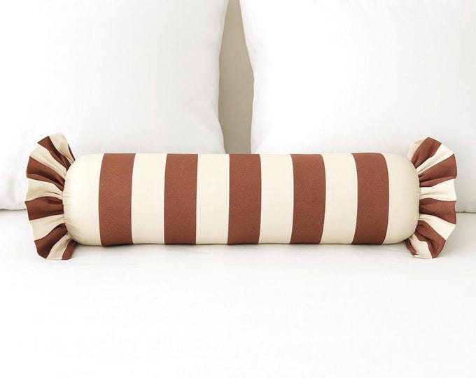Striped Bolster Pillow Cover with Ruffles - Colorful Handmade Decorative Cushion - Candy Style Decor