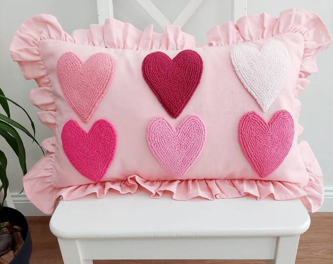 Handmade Pillow Cover - Pink Heart Ruffle Pillow - Ruffle Edge Pillow - Heart Embroidered Pillow Cover - Punch Embroidered Pink Heart Pillow
