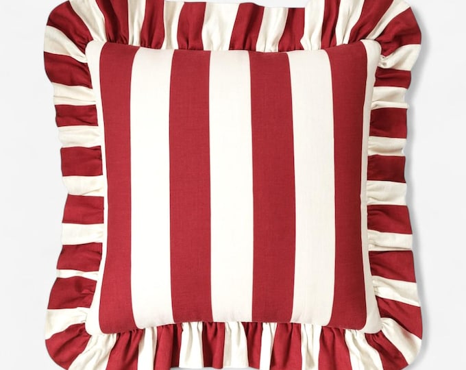 Bohemian Striped Linen Pillow with Ruffles - Ruffled Cushion - Modern and Farmhouse Chic Decor