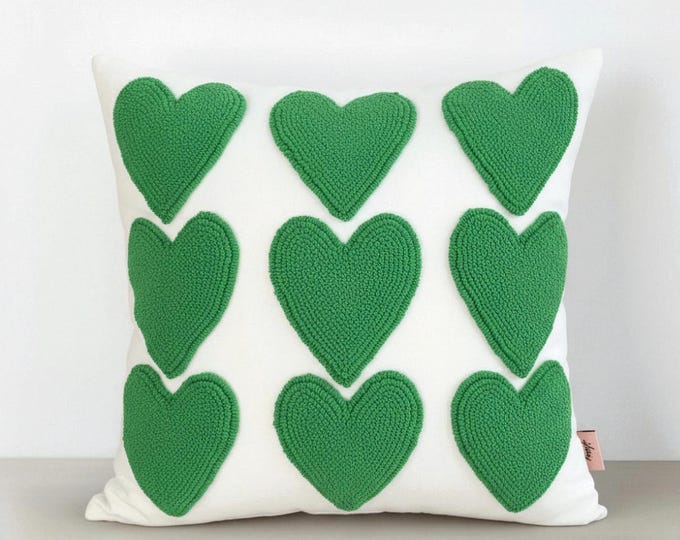 Hand Embroidered Heart Pillow Cover – Handmade Punch Needle Cushion – Valentine Decor - Gift For Her