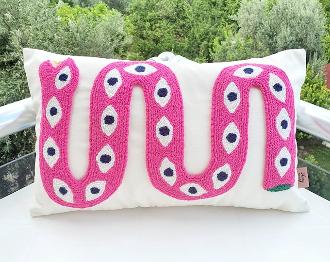 Handmade Pink Snake Punch Embroidered Pillow Cover - Navy Blue Eyes -Eclectic Boho Decor - Hello Mello Store